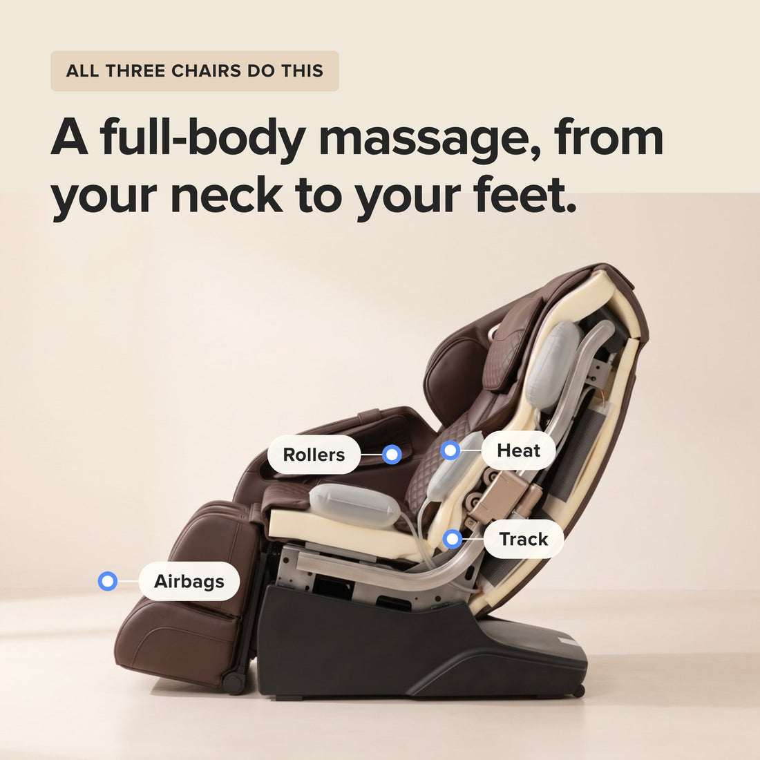 Inside the chair: heat, rollers, track and airbags, a full-body massage from neck to feet